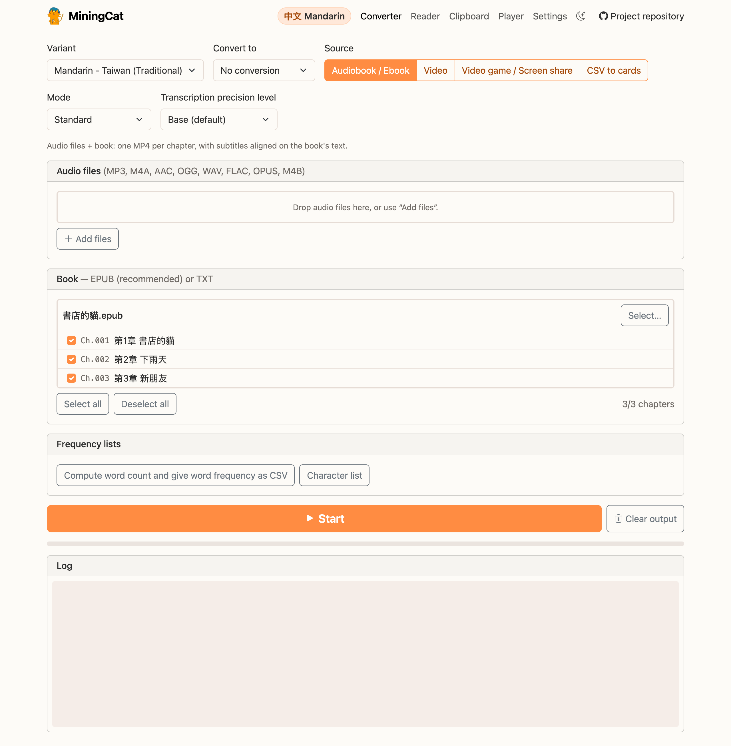 The converter with an EPUB selected: its chapters are listed and ticked