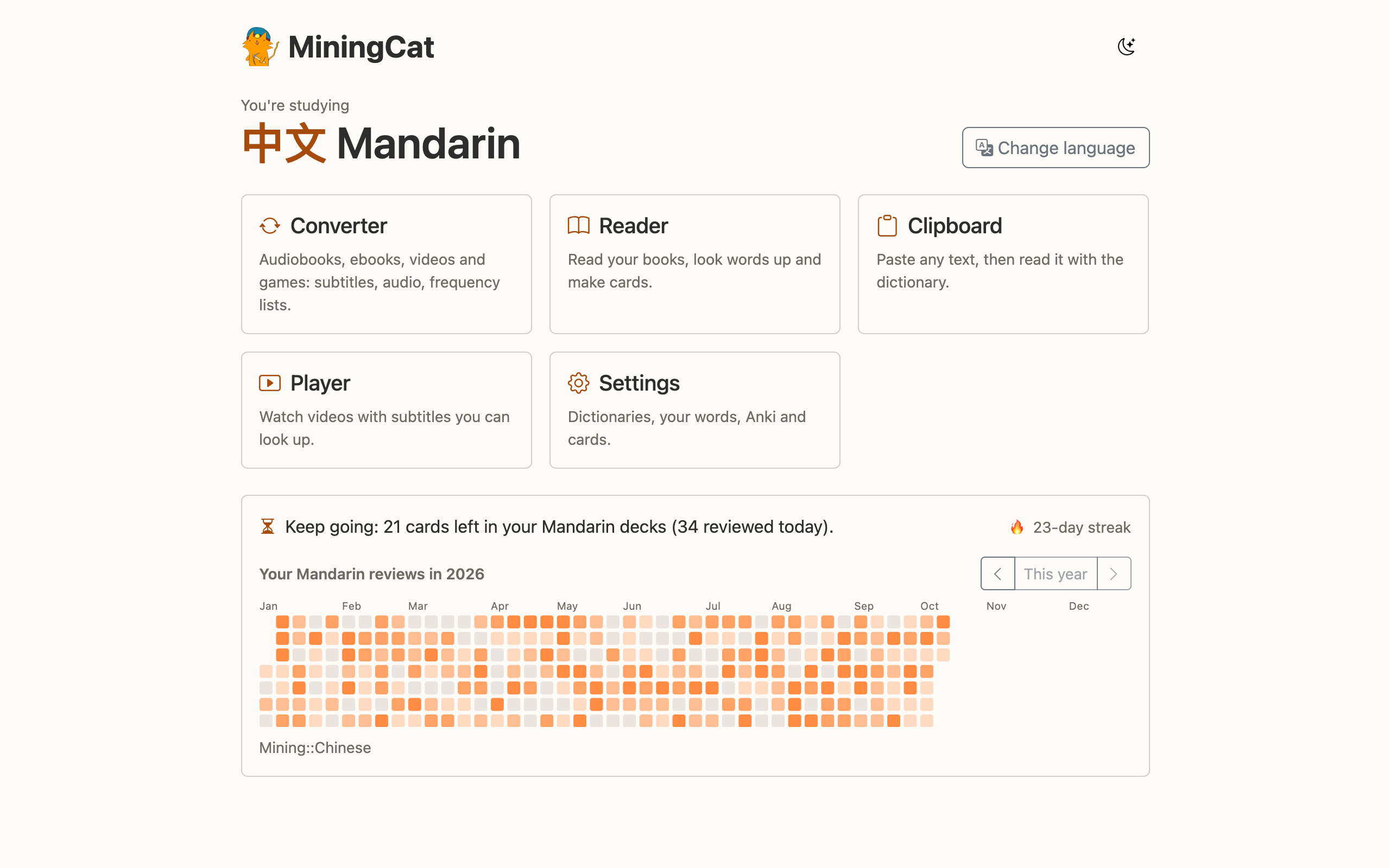 The home page, once the language is chosen: the screens, then today's Anki reviews, the streak and the heatmap