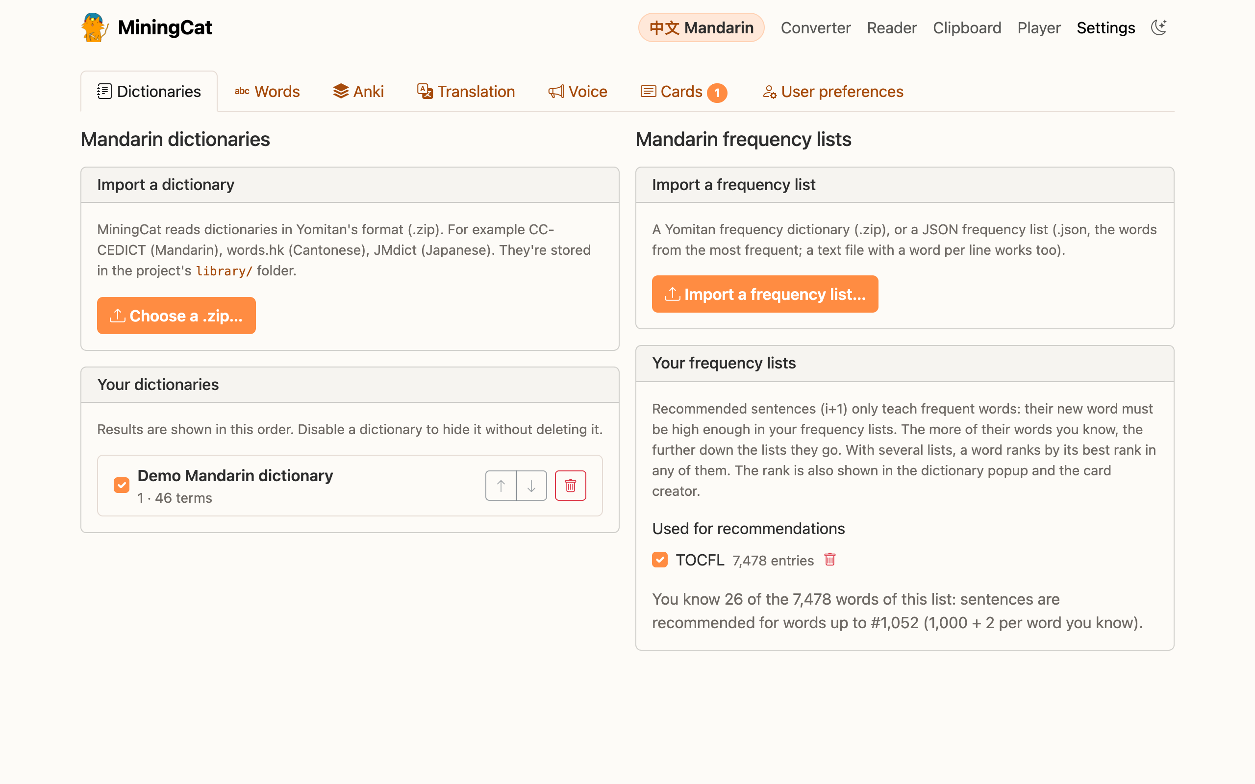Settings › Dictionaries
