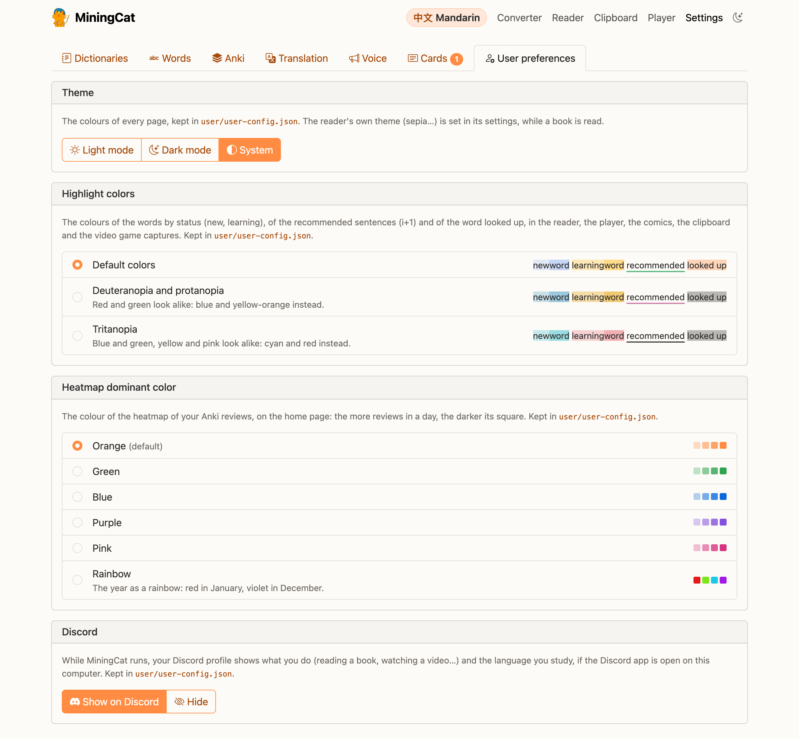 Settings › User preferences: theme, highlight colours and Discord status