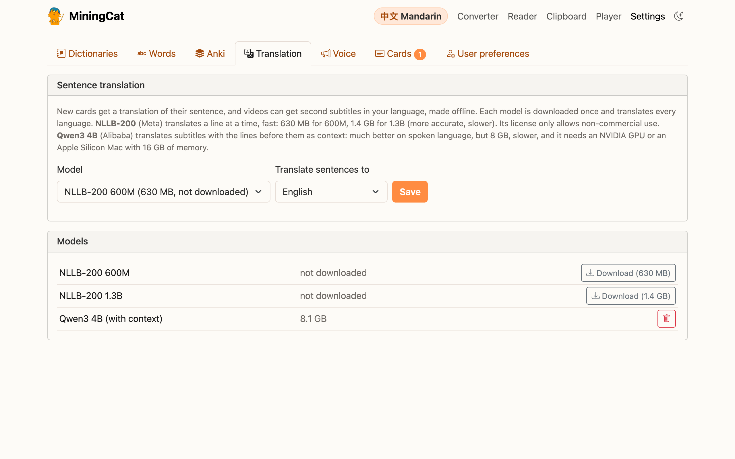 Settings › Translation: the model, the language sentences are translated to, and the models downloaded