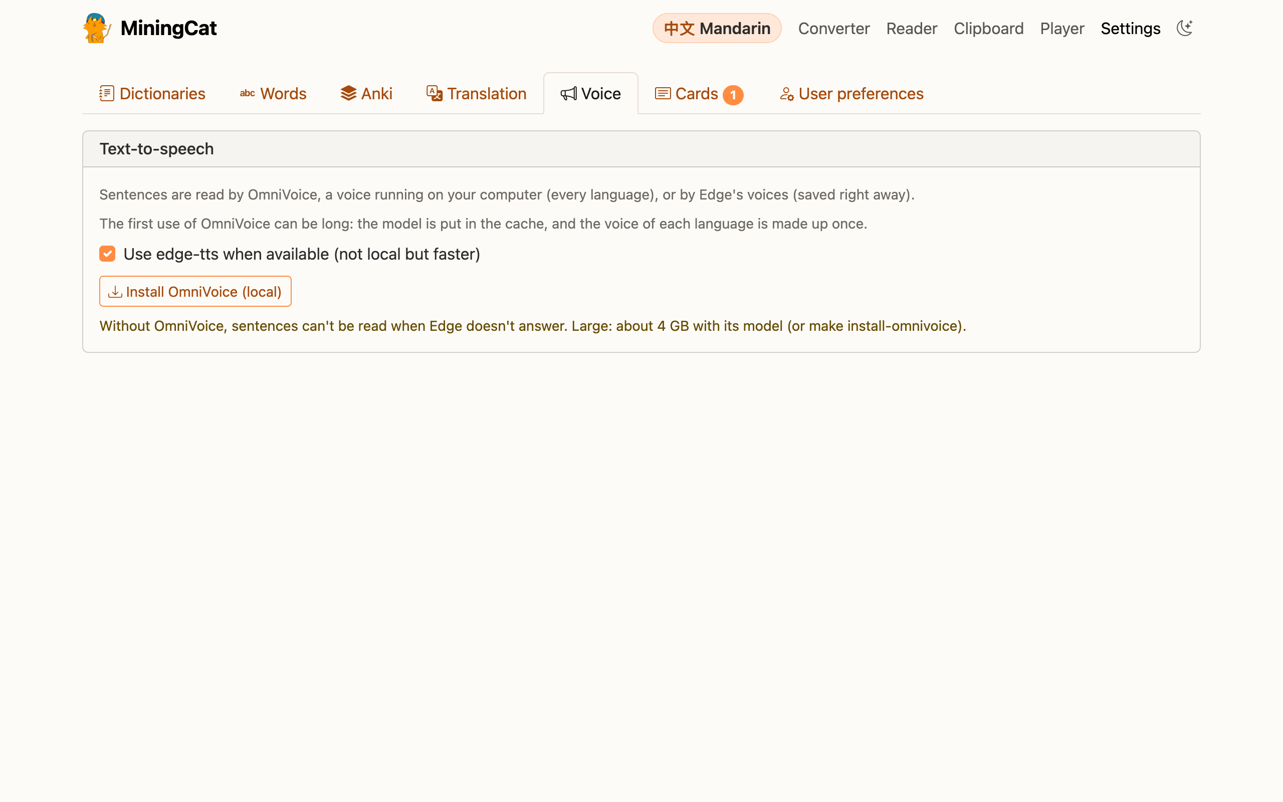 Settings › Voice: edge-tts or OmniVoice, its install and its quality